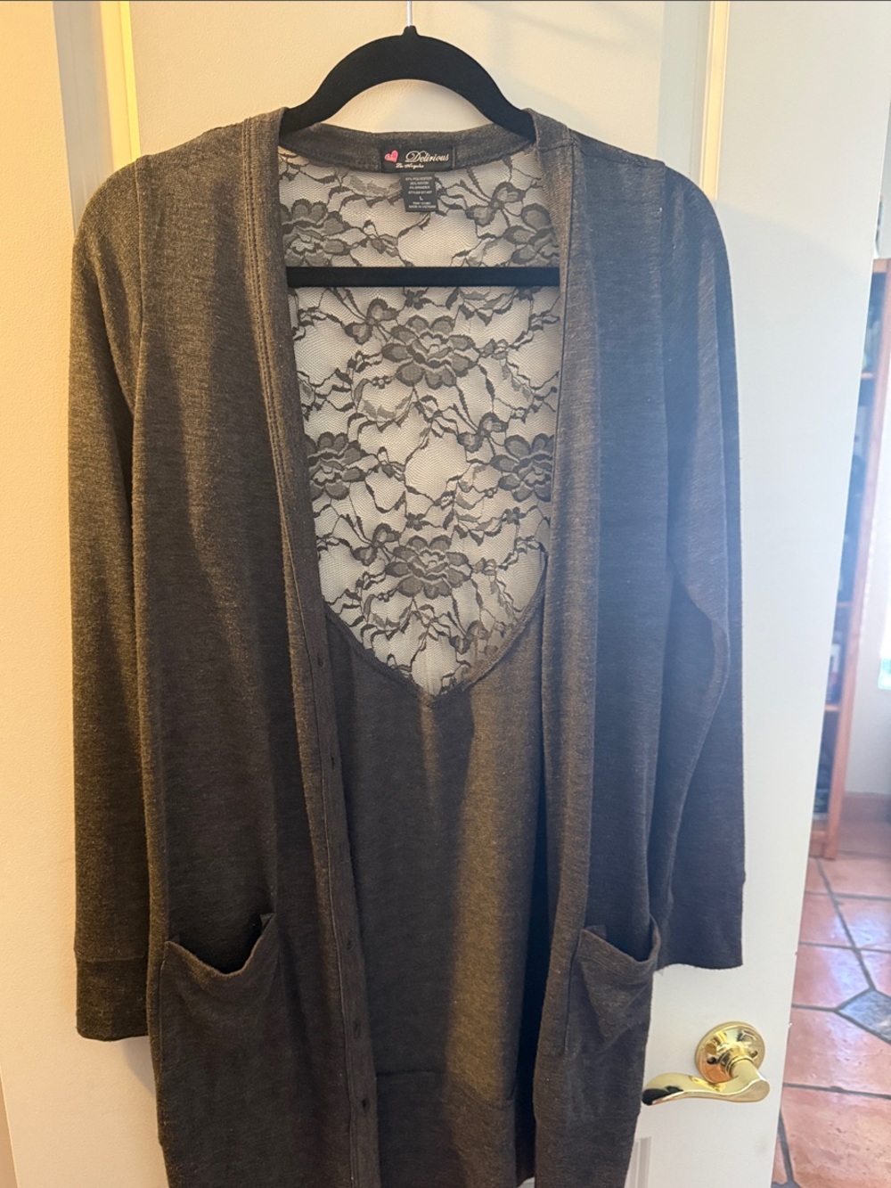 Gray Lace-Back Open Cardigan
